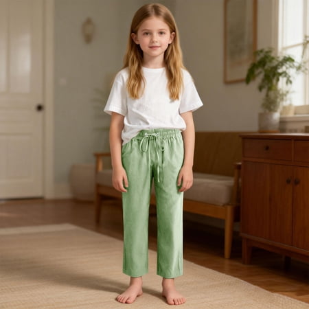 Hurxie Girls Summer Spring Autumn Cotton Linen Printed Soft Trousers Casual Long Ankle Pants Green 12 Years