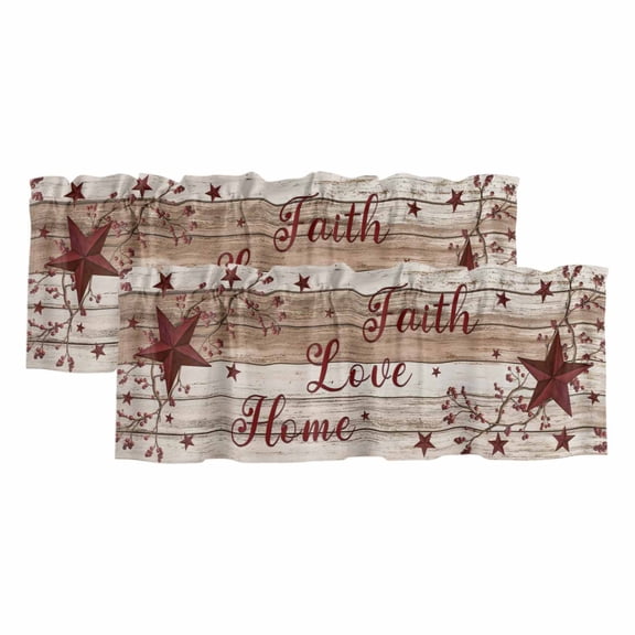 2 Pack Vintage Farmhouse Valances for Windows Bedroom Living Room Window Treatments, Brown Country Star Berries Wooden Grain Rod Pocket Valance Drapes Short Kitchen Curtains Over Sink 42"x12"
