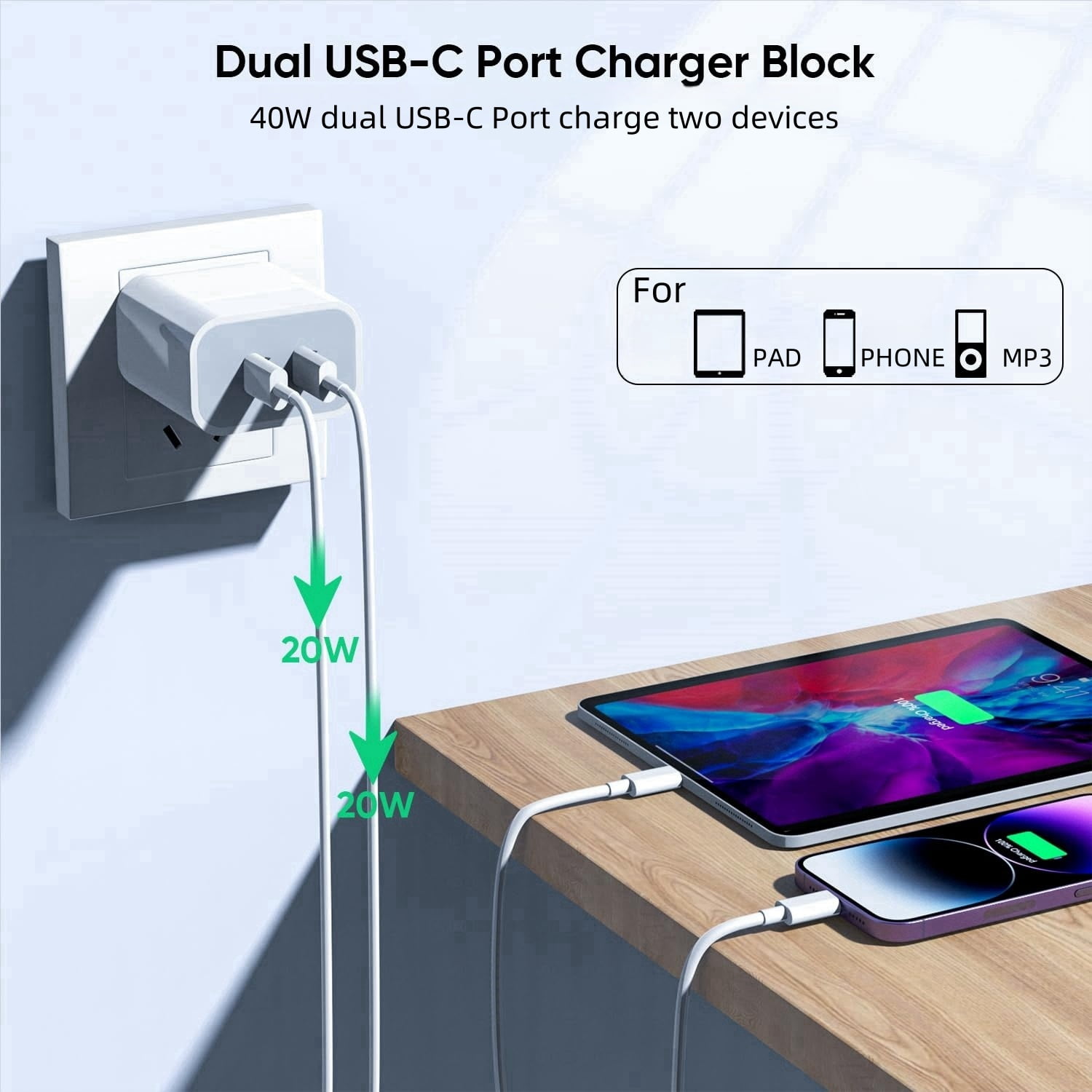 Gqohrt USB C 20W+20W Charger with Phone Charger, Dual Port USB Fast Wall Charger Block, 10FT Super Fast Charger Cable Included With phone14 13 12 11 X
