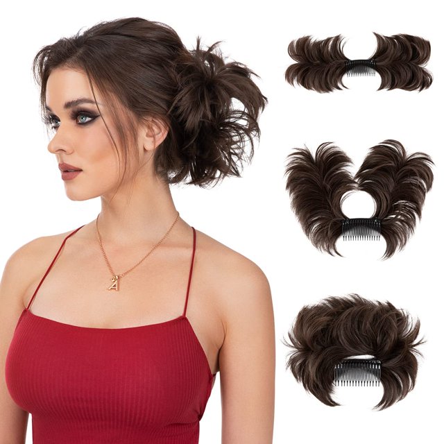 Moño desordenado pieza de pelo peine lateral clip en moño postizo para mujeres corto natural recto versátil ajustable (marrón oscuro-S)