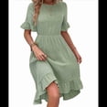 thumbnail image 3 of Vestidos de Mujer de Corta, Cintura Alta, Cuello Redondo, Liso, con Volantes, Verde Frijol, Talla M, 3 of 8