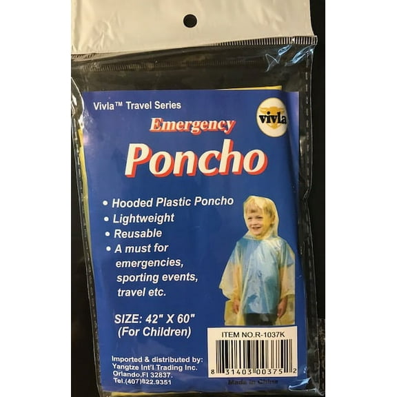 Vivla Emergency Kit Poncho, Pocket Size, 40" x 60", Rain Poncho