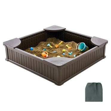 KFFKFF Sandbox and Lid, Dimensions 48.6x48.6x12.4 in, Square Play Area, Constructed from HDPE, Features 4 Corner Seats and Underneath Liner, Ideal for Outdoor Garden, Beach, Park, for Boys and Girls