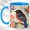 Blue, variant on Folk Perched Bird Coffee Mug, Floral Bird Mug, Ceramic 11 oz