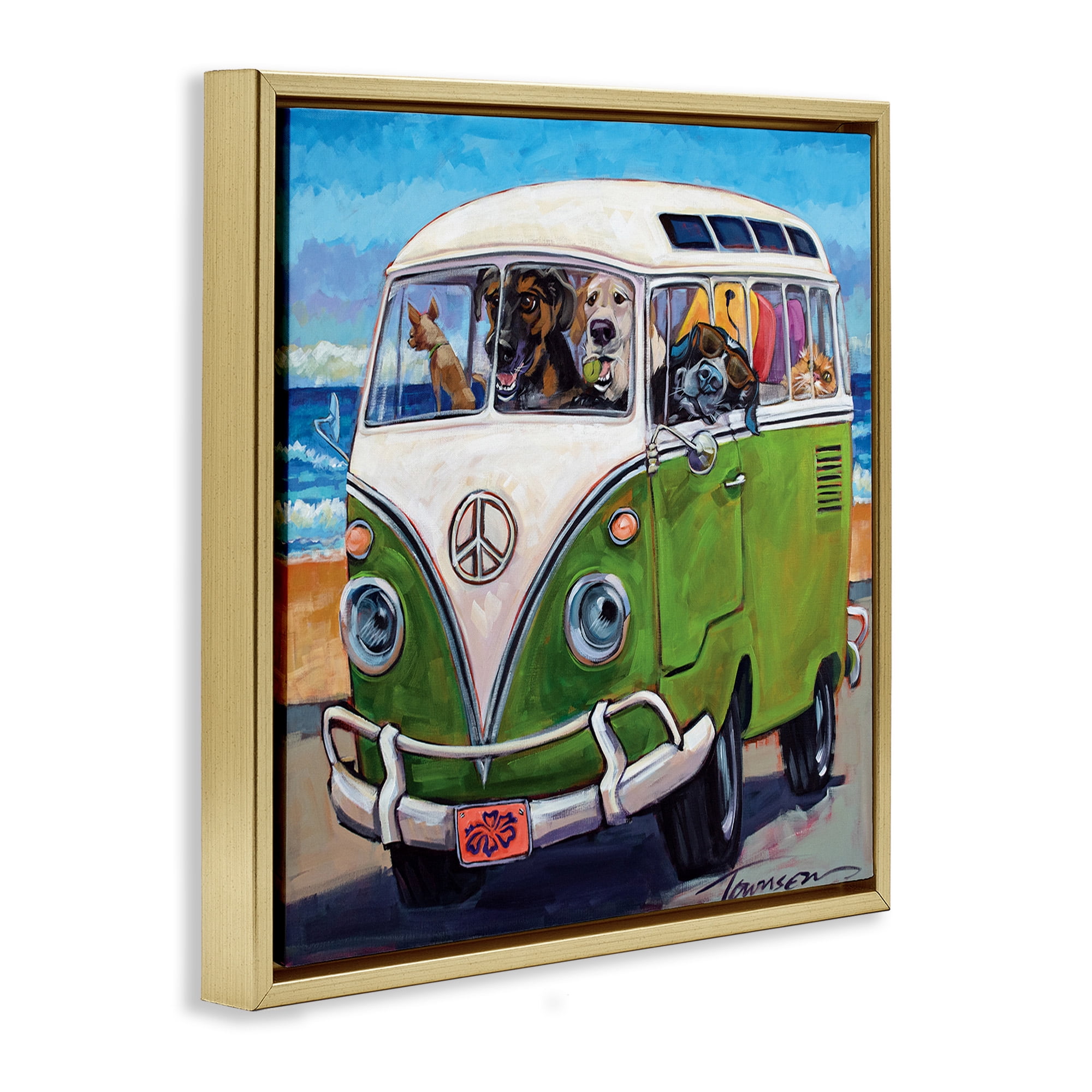 Stupell Industries Dogs Driving Retro Van Animals & Insects Painting Gold Floater Framed Canvas Art Print Wall Art, 25 x 25