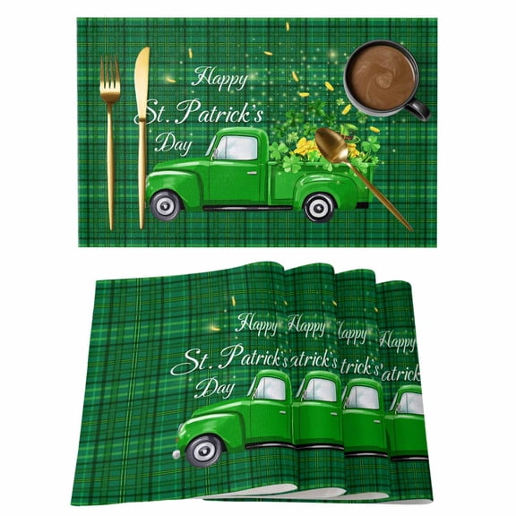 Saint Patrick's Day Placemats Set of 4, Spring Green Truck Lucky Grasses Check Placemats for Dining Table, Place Mats for Kitchen Tabletop, Waterproof Wipeable Dining Table Mats Set