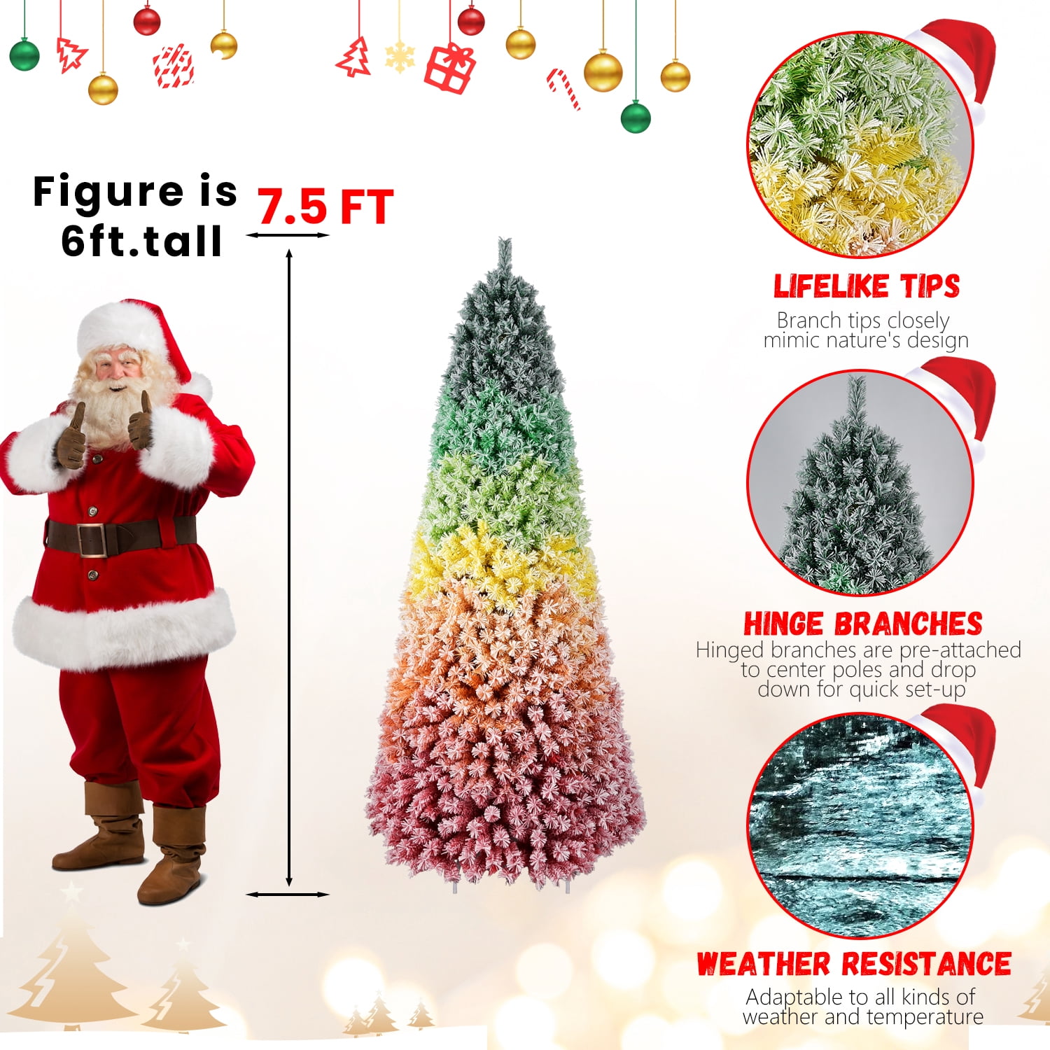 6 Ft Rainbow Gradient Flocked PVC Christmas Tree with 1326 Tips, Colorful Full-Bodied Artificial Pine with Snowy Finish, Hinged Design and Sturdy Metal Stand for Holiday Decoration