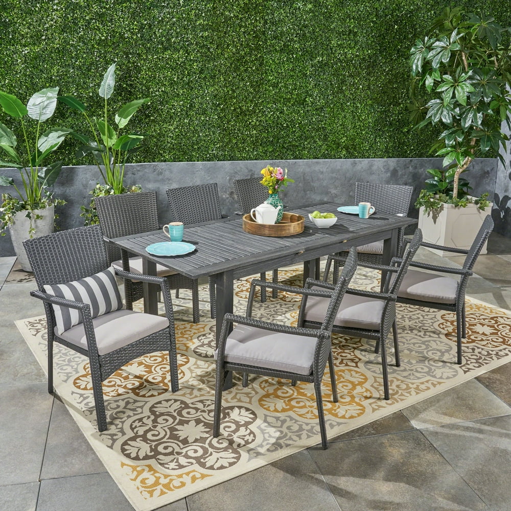 Louis Outdoor 9 Piece Wood and Wicker Expandable Dining Set, Dark Gray