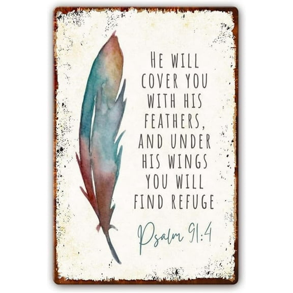 5.5x8 Inch Psalm 91 Metal Tin Sign He Will Cover You With His Feathers And Under His Wings You Will Find Refuge, Scripture Wall Art, Bible Verse Decorations For Bedroom Metal Tin Sign