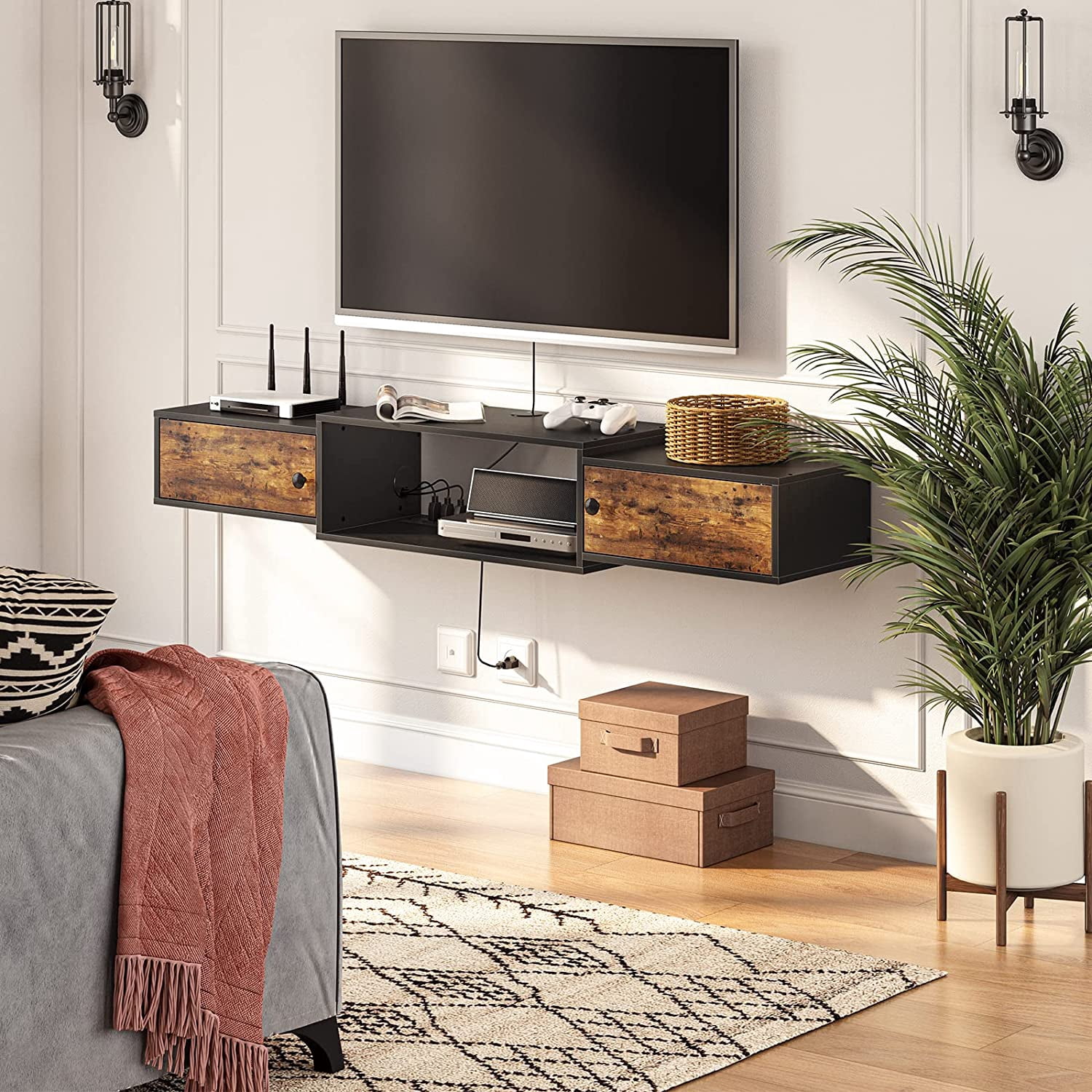 55" Floating TV Stand with Power Outlet, Modern Wall Mounted Media Console Shelf Cabinet for Under TV Storage, Entertainment Center, Living Room, Bedroom, Rustic Brown and Black BF11DS01