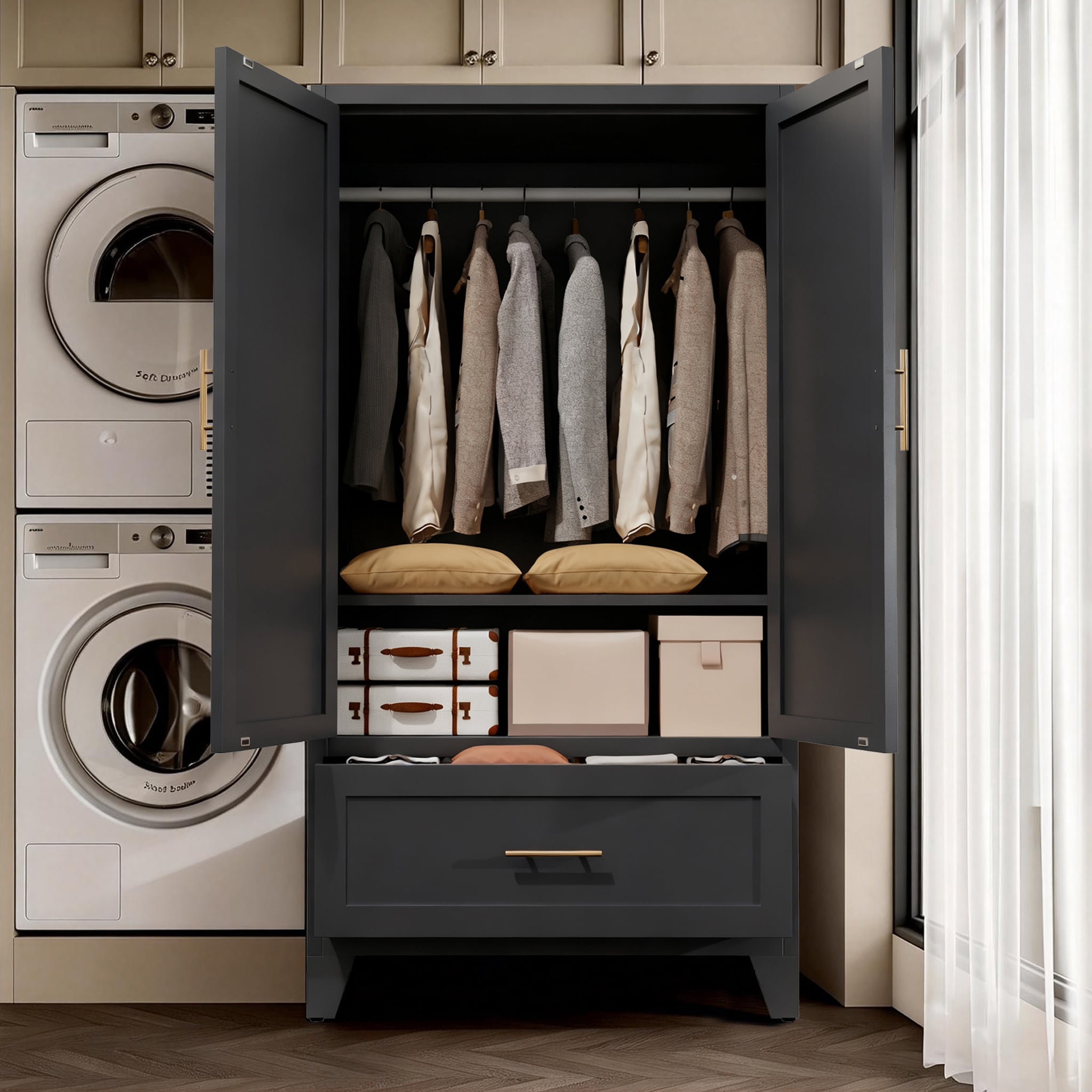Miniyam 60" Tall Metal Wardrobe Cabinet with 1 Drawer & Hanging Rod, 2-Door Storage Closet for Bedroom Office Laundry Room (Black)