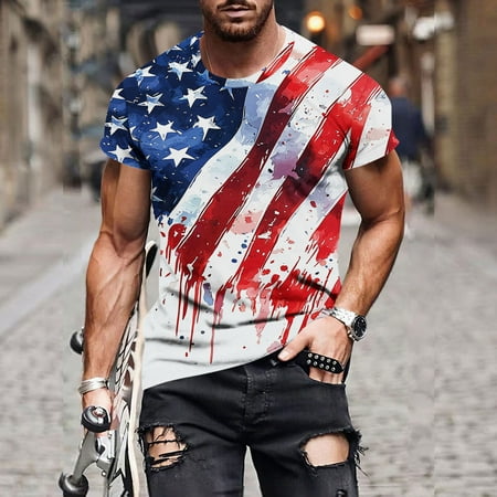 Men's Patriotic Independence Day T-Shirt USA Flag Print Short Sleeve Round Neck Under $10