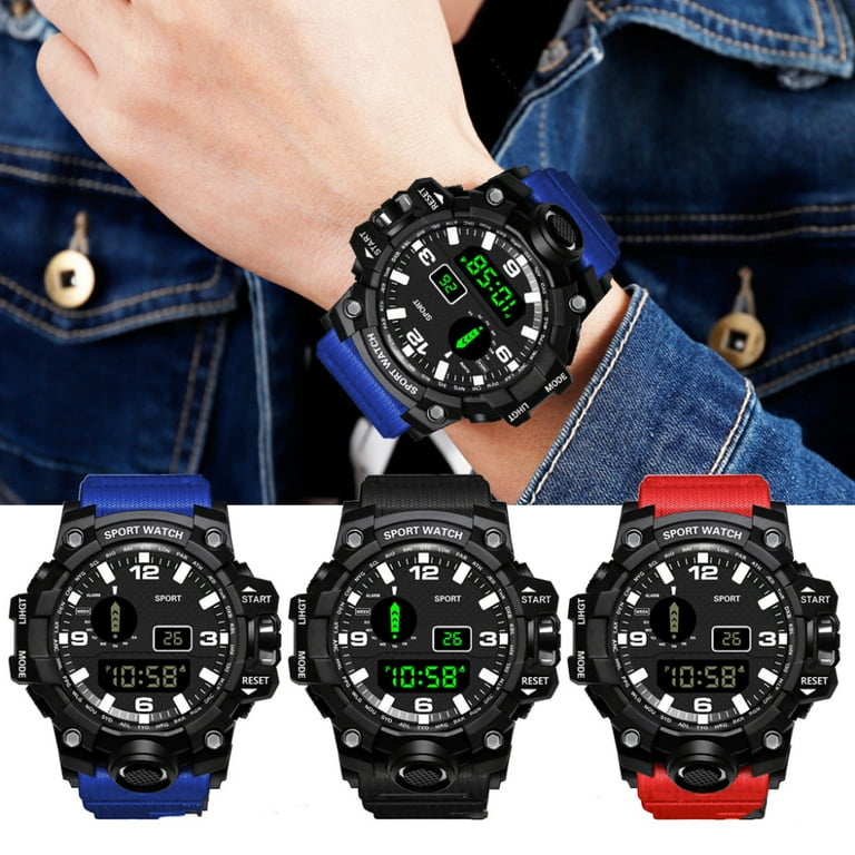 Waterproof LED Screen Large Face Military Watches Heavy Duty Electronic Simple Army Watch Military Back Light Big Face Teenage Boys Men Blue