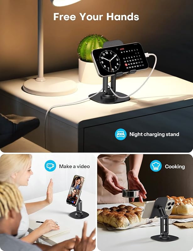 Cell Phone Stand for Desk, 2 Pack Adjustable Foldable Phone Holder, 360 Swivel Mobile Stand Fit for iPhone 16 15 14 13 12 Pro Max and All Smart Phones, Black & White