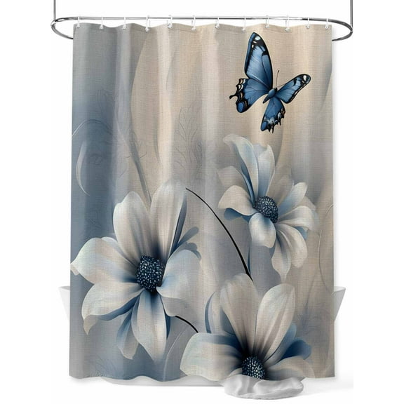 Fsddascl Elegant Floral Shower Curtain Set - 72" x 78" Washable Bathtub Curtain with 12 Hooks, Modern Blue Butterfly Flowers Burlap Waterproof Fabric Stall Shower Curtains for Bathroom/Bathtub