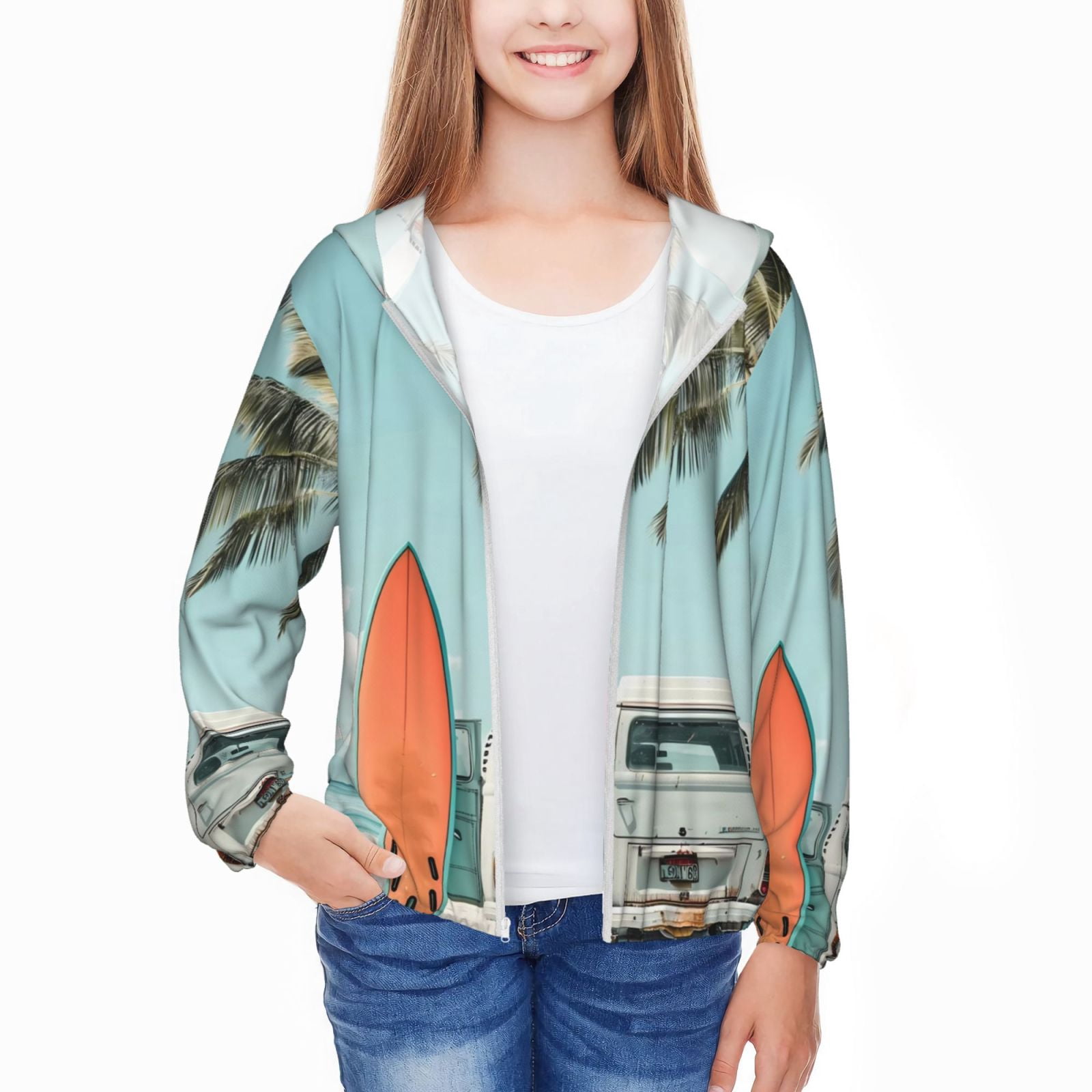 Xecao Vintage Surf Van Beach Print Fishing Shirts for teenager Long Sleeve UV Sun Protection Hoodie with Zipper Outdoor Hiking Shirts-Medium