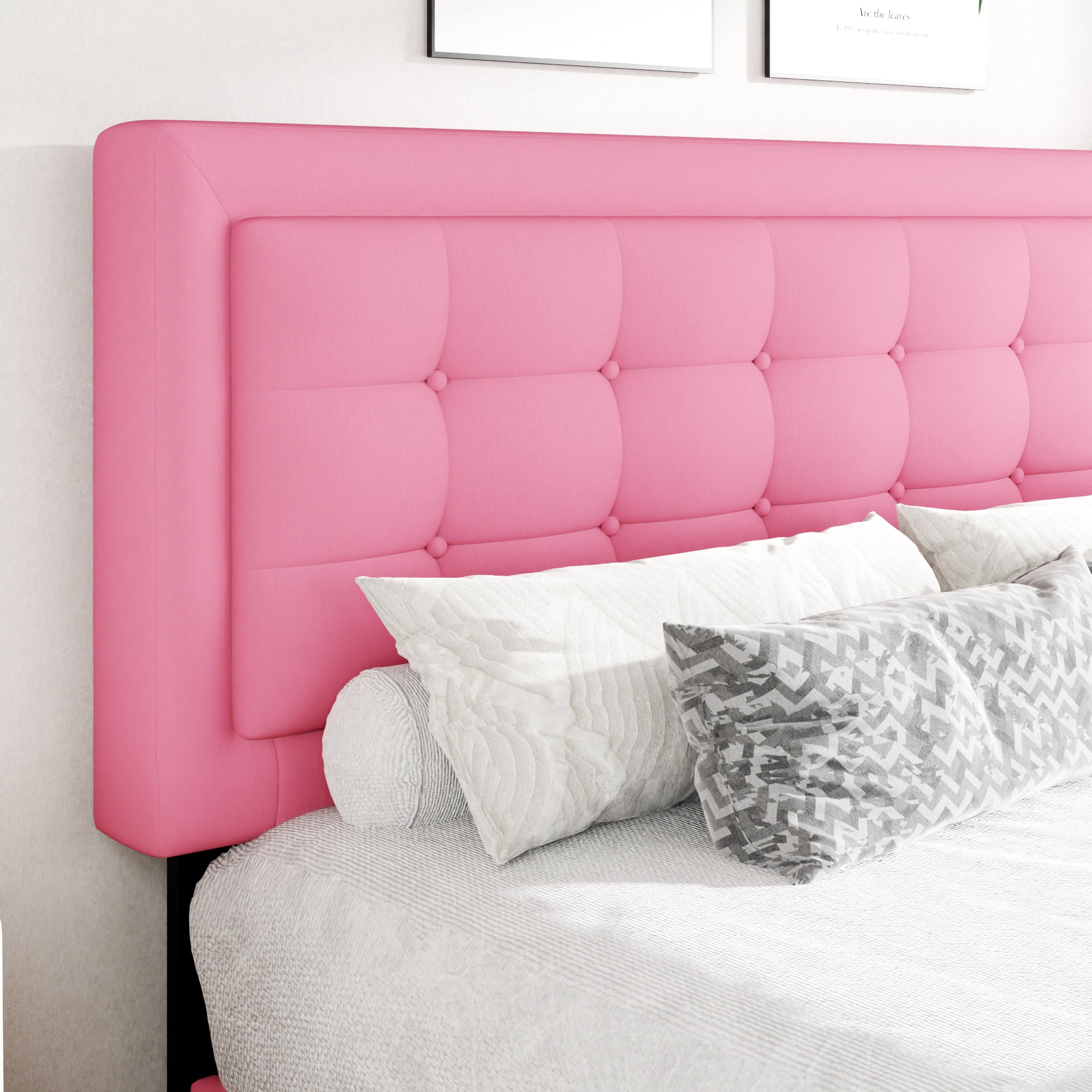 Unizone King Size Bed Frame with Velvet Upholstered Headboard, Button Tufted Design,Wood Slats Support, No Box Spring Needed, Noise Free, Easy Assembly, Pink