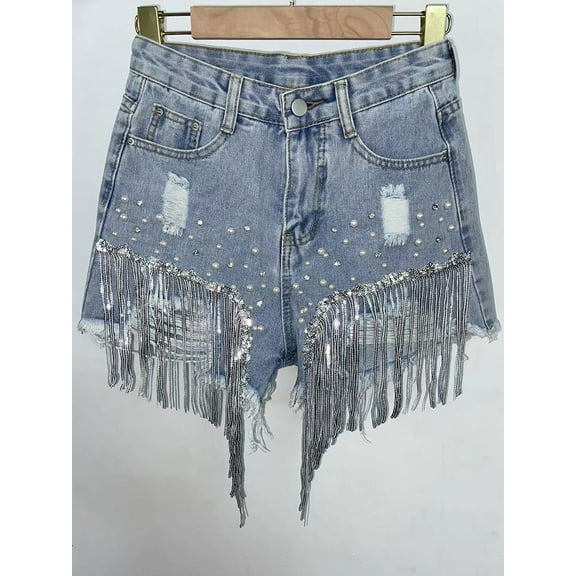 Summer Elegant Shorts Lady Tassel Beading High Waist Wide Leg Denim Shorts Female Casual Solid Shorts Jeans for Women Clothing