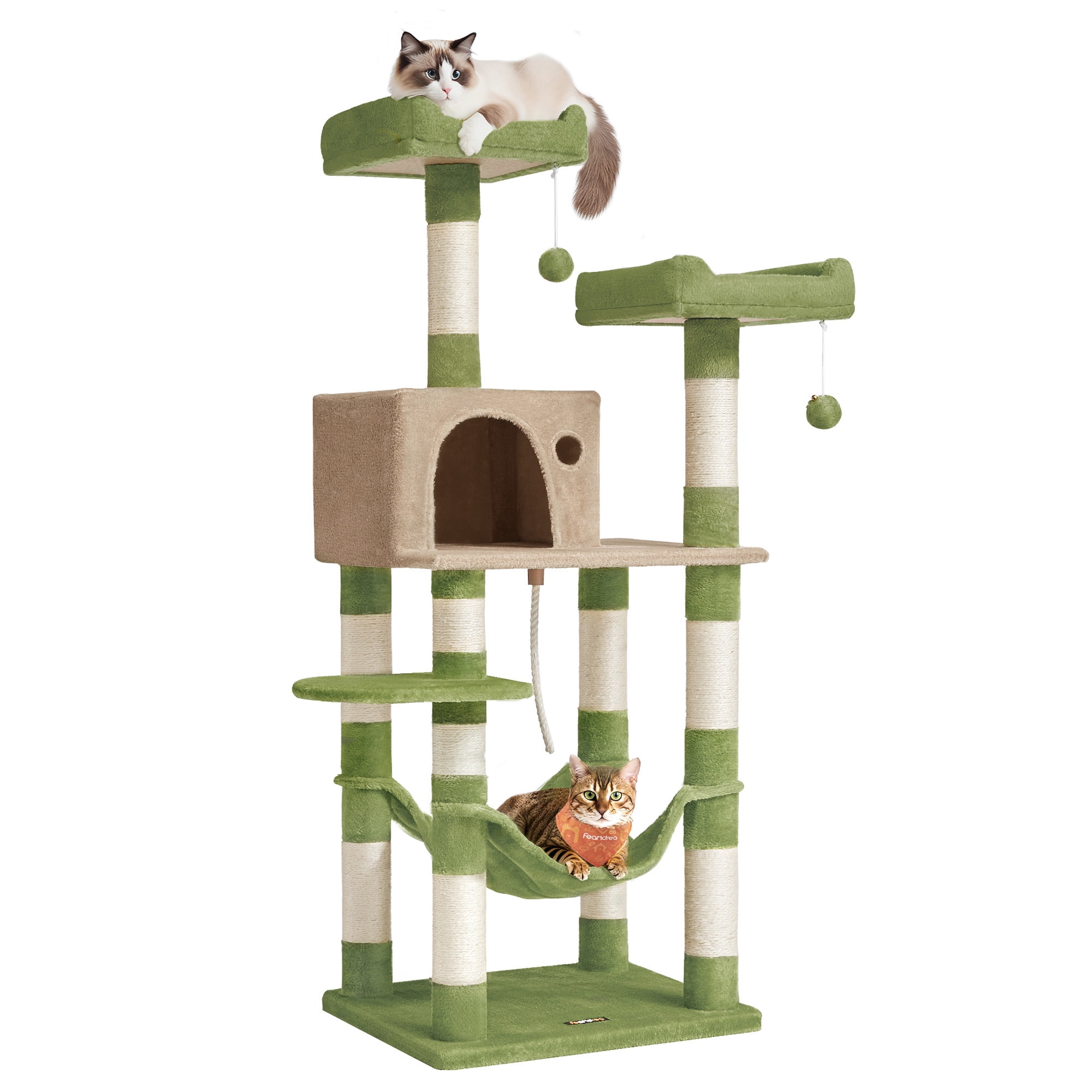 Feandrea 56.3-Inch Multi-Level Cat Tree with 11 Scratching Posts, 2 Perches, Cave, and Hammock for Multiple Cats, Grass Green and Brown