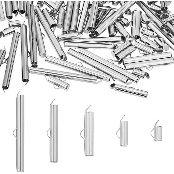100Pcs 5 Sizes Slide on End Clasps 304 Stainless Steel Tube Ball Bead Slider Caps Crimp Ends Slider Tubes for Multi-Strand Earring Bracelet Jewelry Making 3mm Inner Diameter for DIY