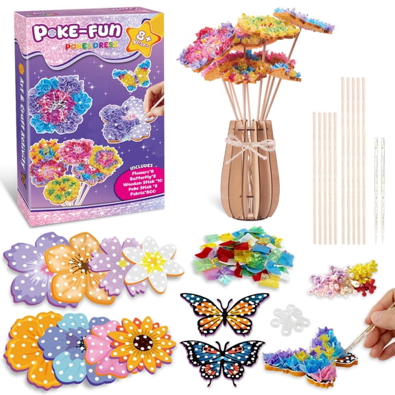 Fabric Flower Bouquets Toys for Girls Ages 6-8 DIY Mess-Free Craft Kit with Wooden Vase Sequins Pre-Cut Materials Creative Birthday Gift for Kids 5-10 Years Room Decoration Art Activity