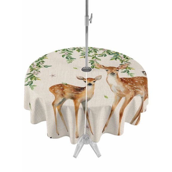 Outdoor Tablecloth with Umbrella Hole and Zipper, Botanical Round Table Cloth 60 Inch Waterproof Tablecloth, Spring Leaves Flowers Deers Birds Country Biege Picnic Table Cover for Patio Camping
