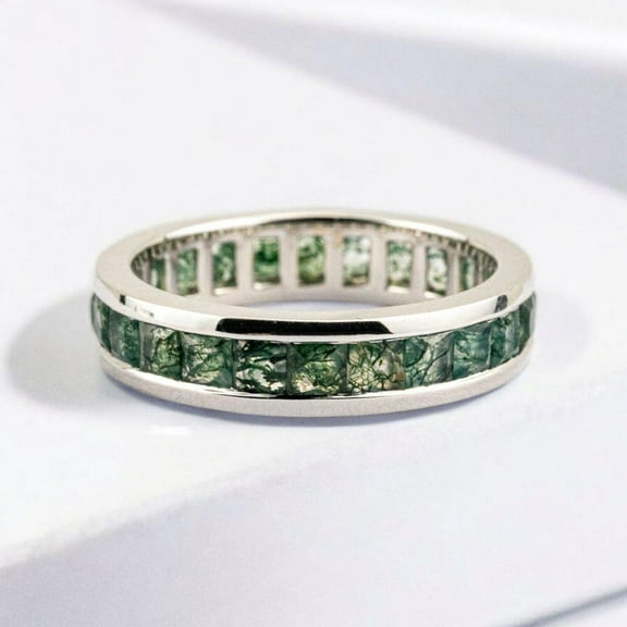 Unique Princess Cut Natural Green Moss Agate Wedding Band Art Deco Green Gemstone Channel Set Wedding Ring Vintage Full Eternity Band