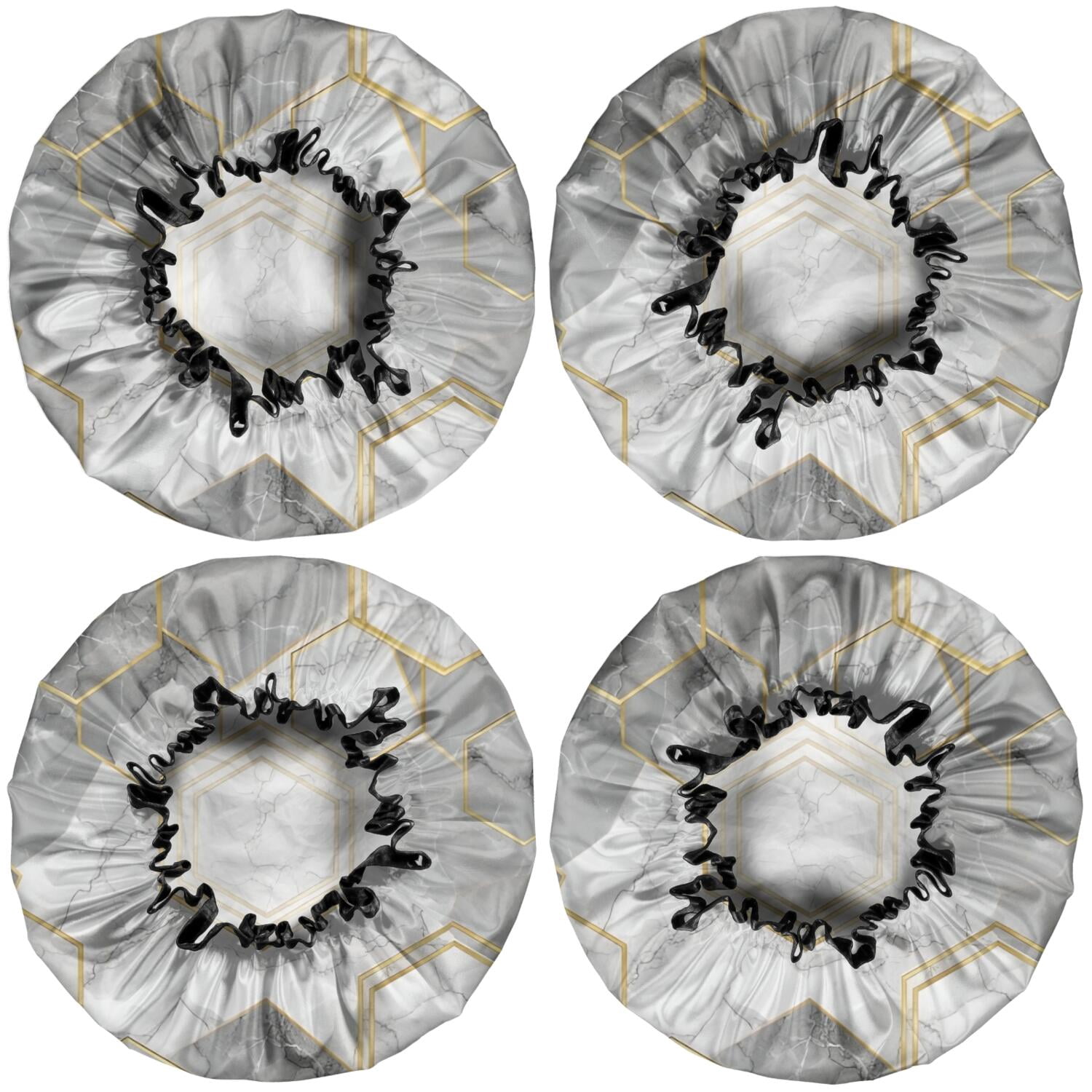 Shower Caps,Gray Marble Gold Hexagon Pattern Waterproof Shower Cap for Women 4 Pieces,Double Reusable Hair Cover for Shower PEVA Elastic Stretch Hem