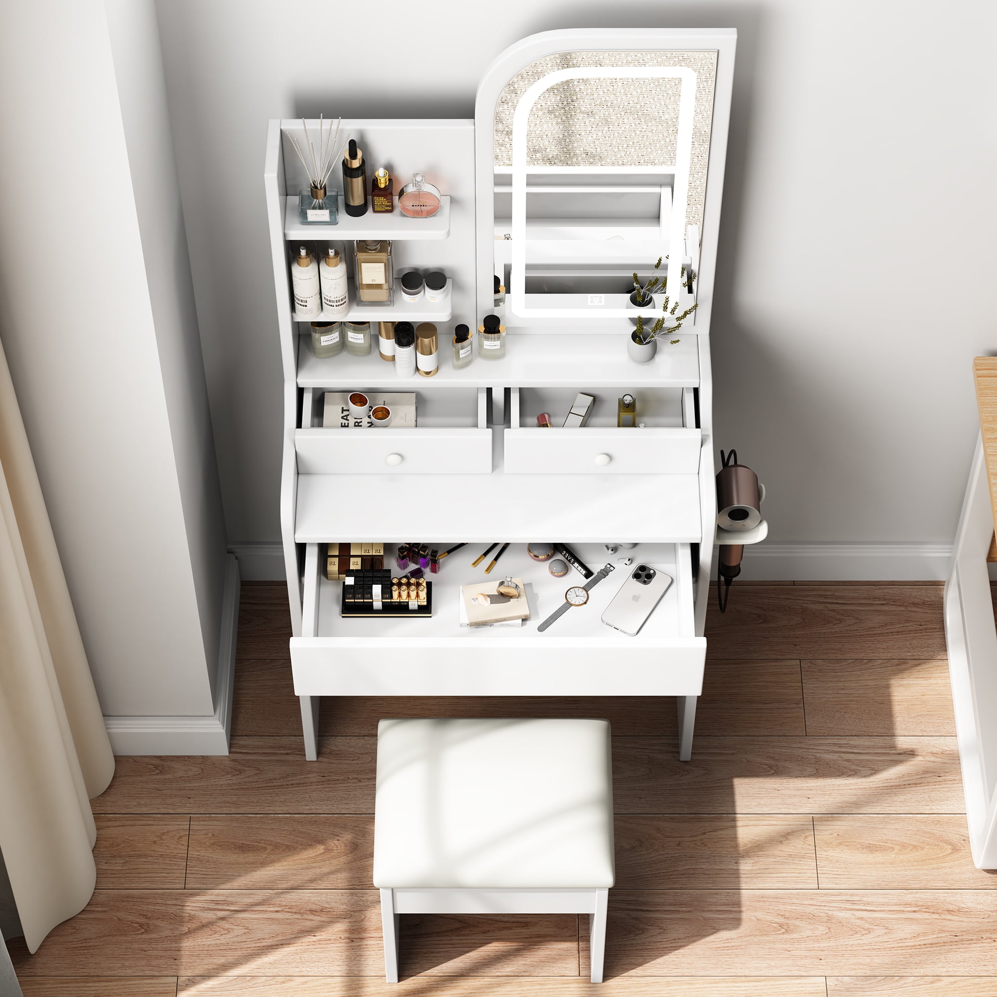 Mintazer Makeup Vanity Table with LED Mirror, Drawers & Shelves, Hair Dryer Holder, Padded Stool for Bedroom - White