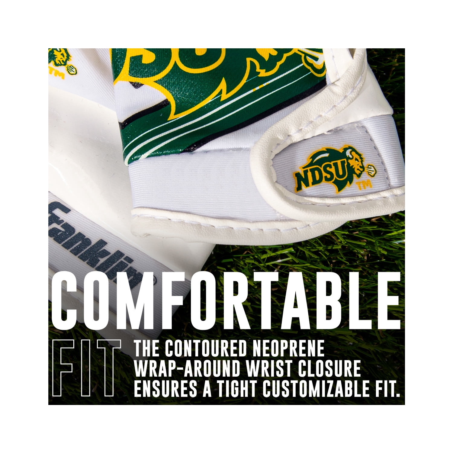 Franklin Sports North Dakota Bison Kids Football Receiver Gloves - Youth Official NCAA College Team Football Gloves - Silicone Palm Receiver Gloves for Kids Ages 7 -10 - Youth Small/Extra Small