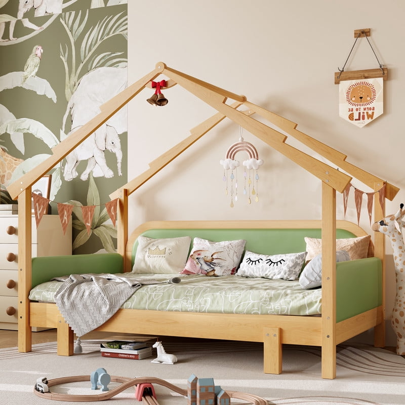 Bellemave Extendable Montessori House Bed, Wood Twin to King Daybed with Soft Cushion Rails, Double Twin Beds with Roof-Shaped, No Box Spring Needed (Natural+Green)