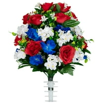 Sympathy Silks Artificial Cemetery Flowers - Red Roses with White Hydrangea and Blue Alstroemeria