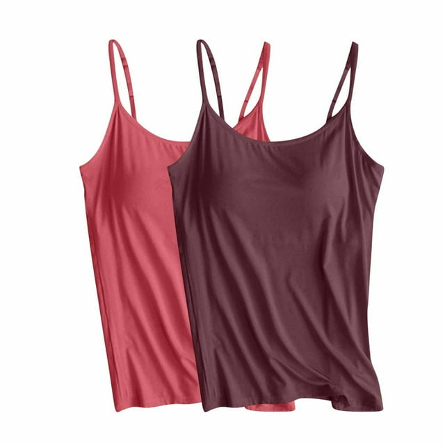Fanxing Pack 2 Plus Débardeurs pour Femmes Soutien-Gorge Intégré Bretelles Spaghetti Réglables Débardeur Basique Cami sous-Vêtement Rouge Melon D\'eau,L