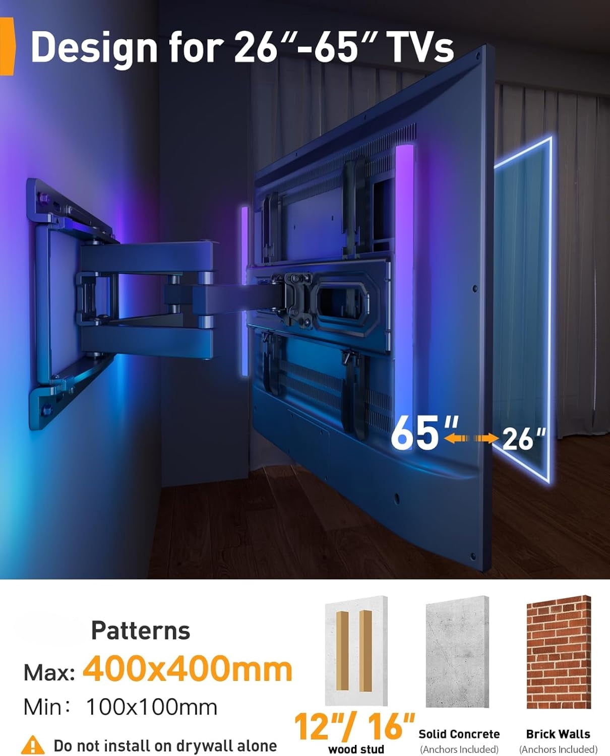 Pre-Assembled TV Wall Mount with LED Lights for 26-65 inch TVs up to 99 lbs