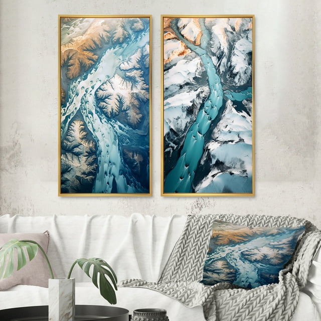 Designart "Majestic Aerial View Arctic Rivers and Icebergs II" Glacier Framed Wall Art Set Of 2 - Country Blue Frame Gallery Set For Office Decor