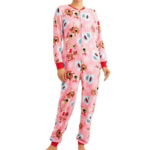 Rudolph Womens Plush Pink Reindeer Drop Seat Christmas Union Suit Pajamas, XS