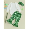 thumbnail image 5 of My First St. Patricks Day Baby Girl Outfits 3 6 9 12 18 Months Clover Print Romper Flared Pants Headband 3Pcs Spring Clothes, 5 of 9