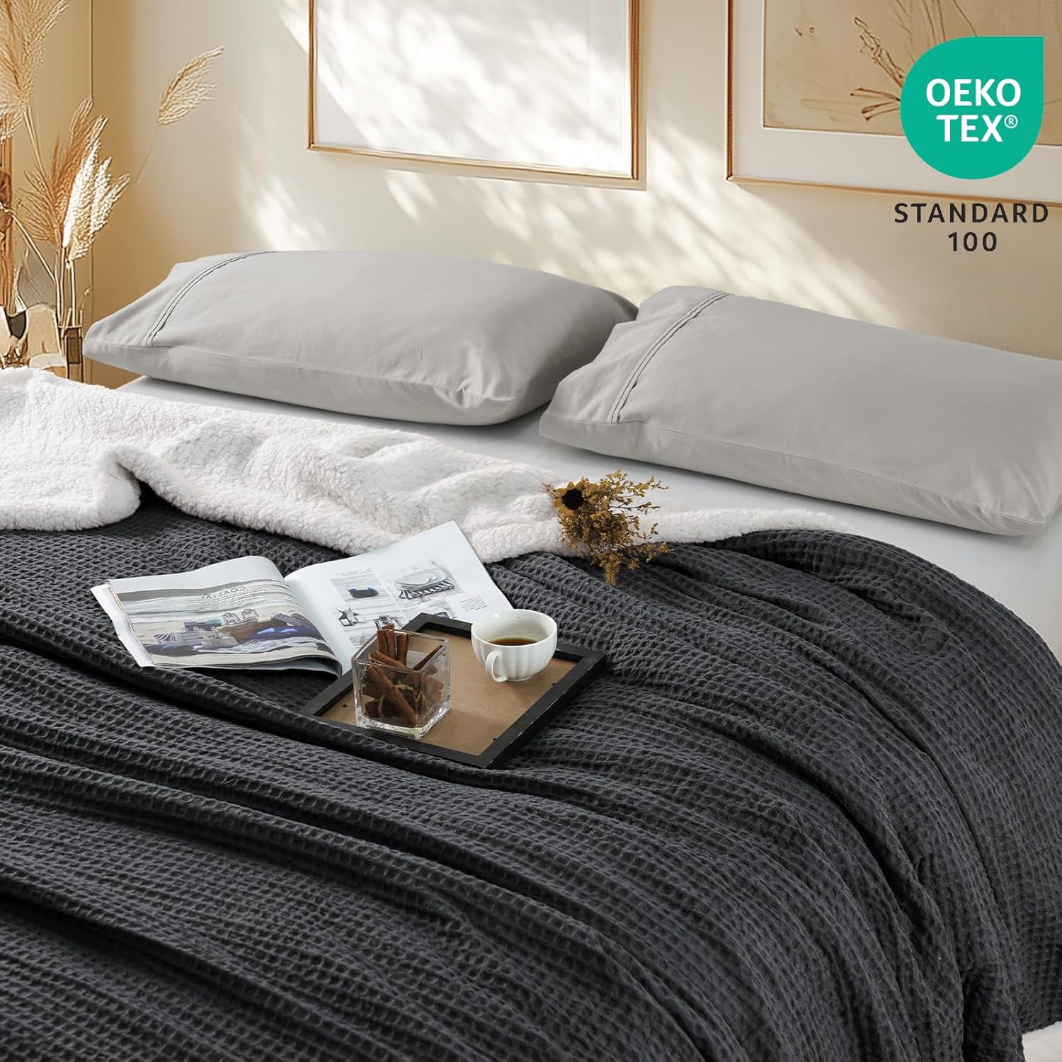 PHF Waffle Sherpa Bed Blanket Twin Size, Cozy Warm Reversible Plush Flannel Blanket for Winter, 60" x 80", Black