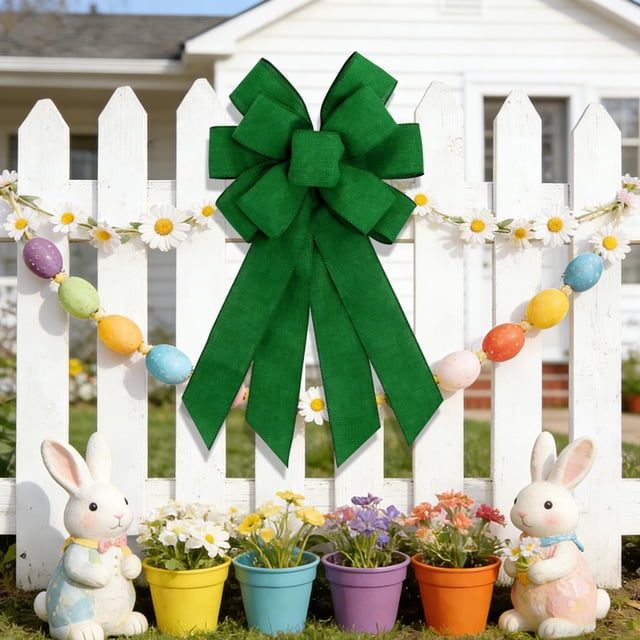 karymi Handmade Imitation Linen Solid Color Ribbon Bow Pendant Versatile Decoration for Party Wedding Christmas Wall Tree Arch 11.81x19.69in Green House Decor