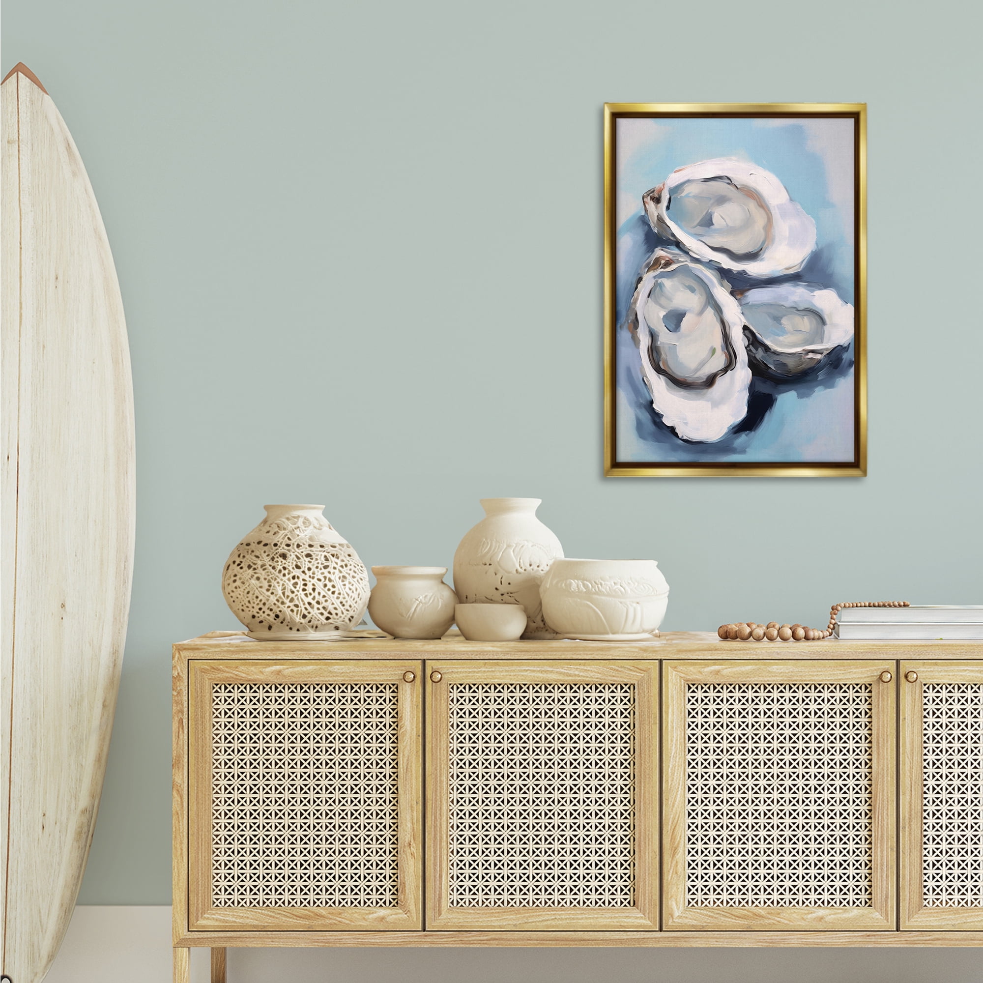 Stupell Industries Three Oyster Seashells Animals & Insects Painting Gold Floater Framed Canvas Art Print Wall Art, 21 x 31