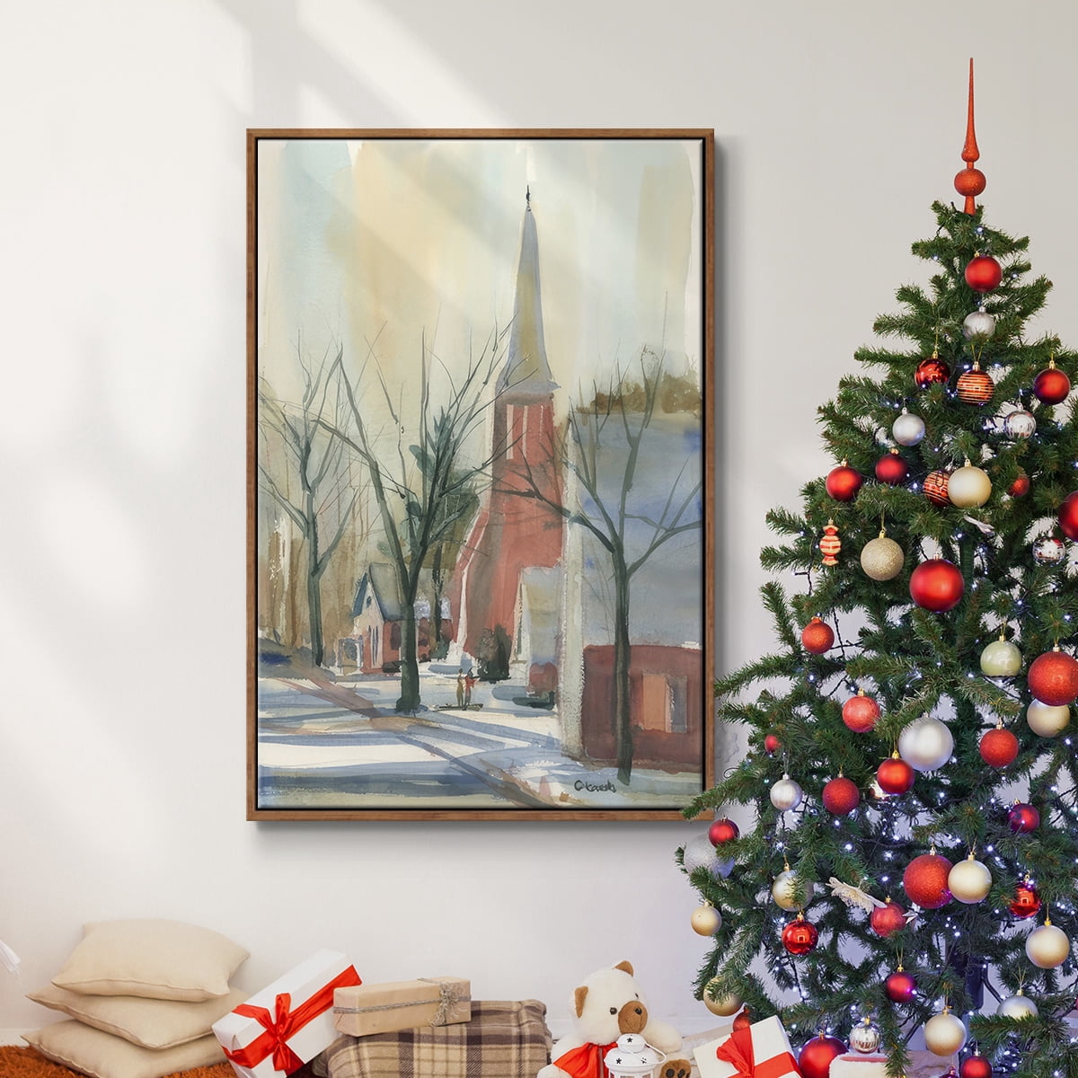 New England Main Street - Framed Gallery Wrapped Holiday Canvas - 17 x 25 - Rosewood Frame