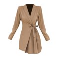 thumbnail image 1 of WTXUE Robes d'Uniforme, Blazer à Manches Longues Ligne A à Col en V, Automne Hiver Veste de Complet en Dentelle Plissée Robe Unie Falda Courte Mujer Blouson Mini Femme Grande Taille, Brun Taille m, 1 of 6