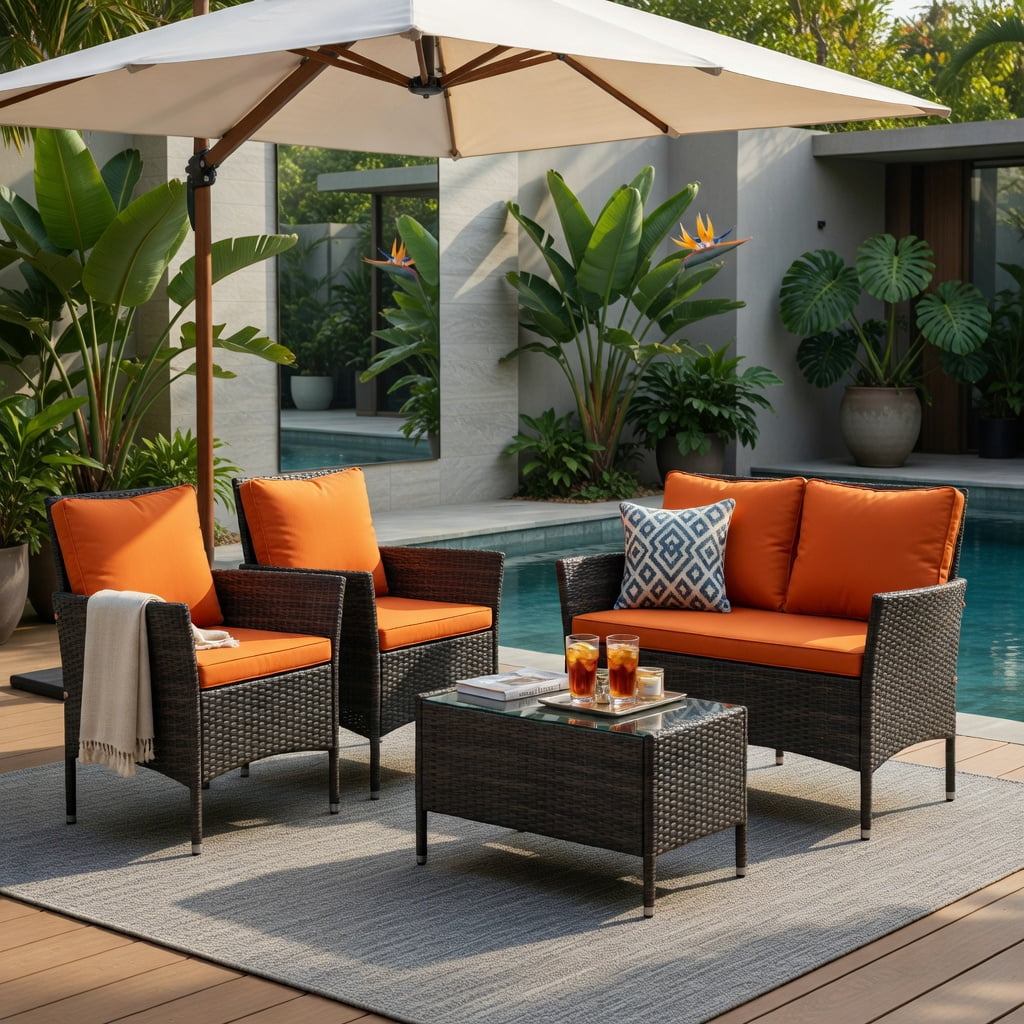Hommoo 4-Piece Outdoor Rattan Patio Furniture Set with Removable Cushions, Loveseat, 2 Chairs, Tempered Glass Coffee Table, Weather-Resistant PE Wicker, Orange