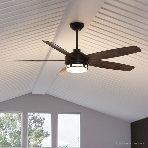 Luxury Modern Indoor / Outdoor Ceiling Fan, 15.625''H x 54''W, with Minimalist Style Elements, Transitional Design, Architectural Bronze Finish and White Opal Glass, UHP9001