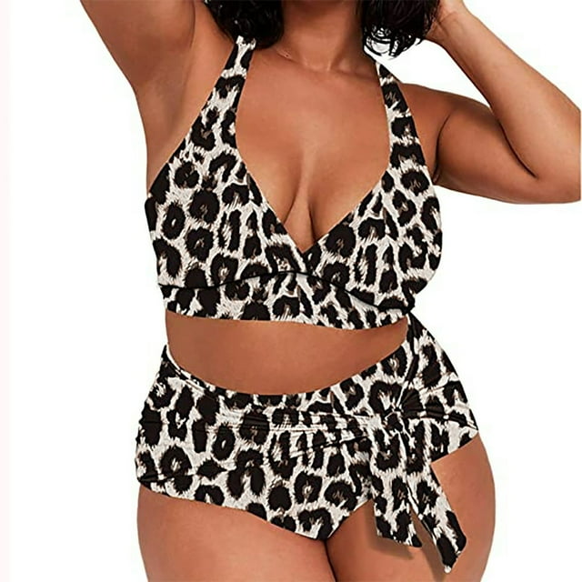 POINTERTECK Women High Waist Leopard Printing Split Swimsuit Plus Size Swimwear