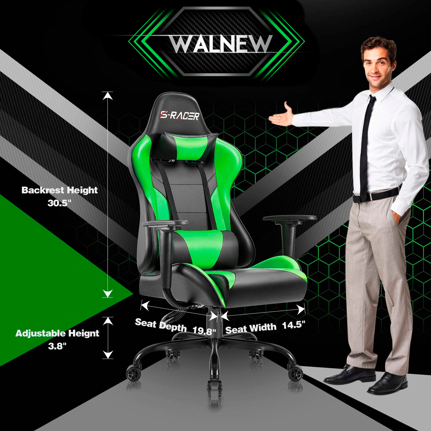 Lacoo Gaming Chair PU Leather Reclining Racing Style Ergonomic Office Chair with Headrest and Lumbar Support, Green - image 2 of 7