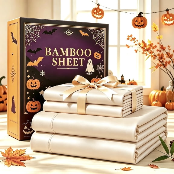 3/4pcs Bamboo Bedding Halloween-Themed, Beige Twin, Bedroom Decor, Hotel-Style Soft Sheets