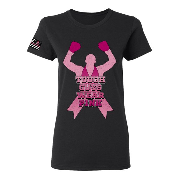 Wild Bobby Tough Guys Wear Pink Boxer US Flag Breast Cancer Awareness Women Graphic Tee, Black, Small