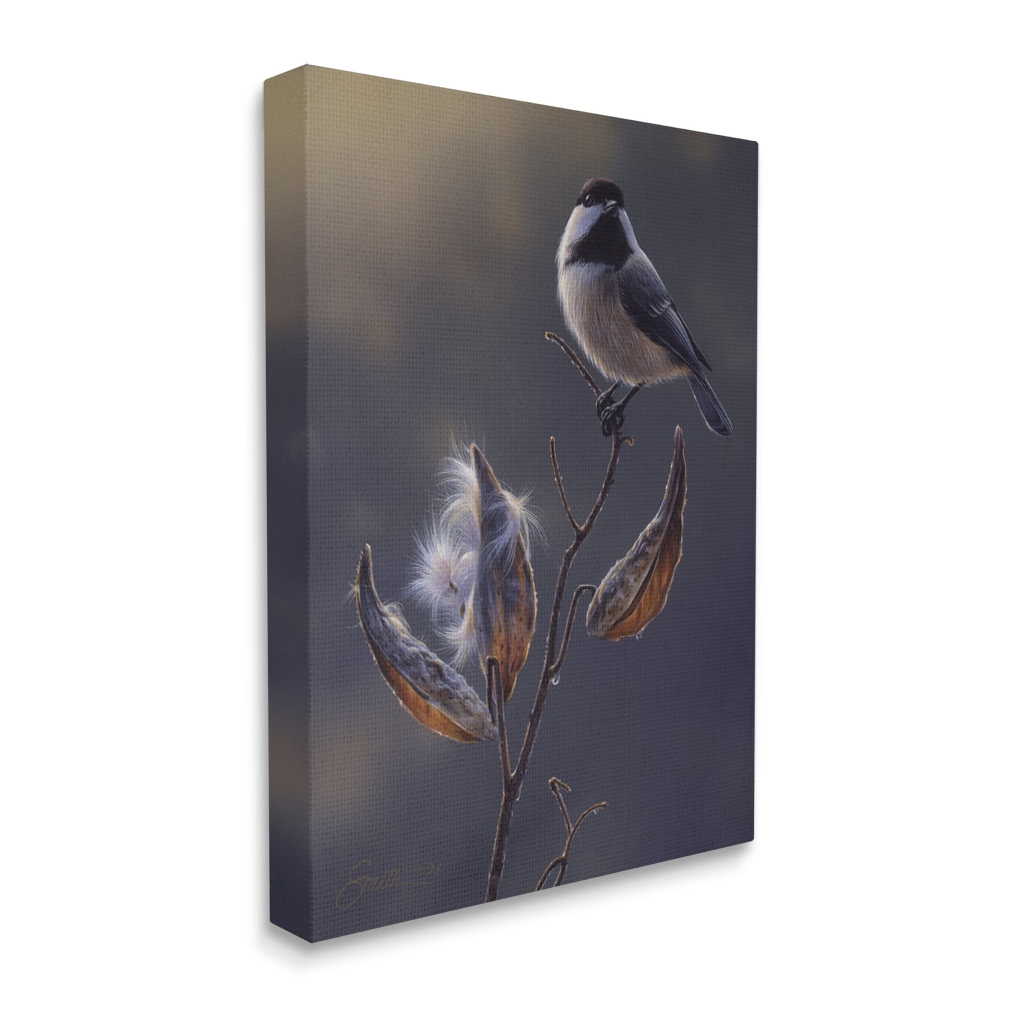 Stupell Industries Bird Perched Floral Seed Pods Animals & Insects Painting Gallery Wrapped Canvas Print Wall Art