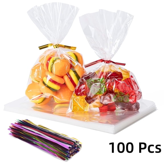 Clear Cello Cellophane Plastic Treat Goodie Bags with Twist Ties for Small Gift Party Favors, Cookie, Candy, Popcorn,4x6inch,100 pack